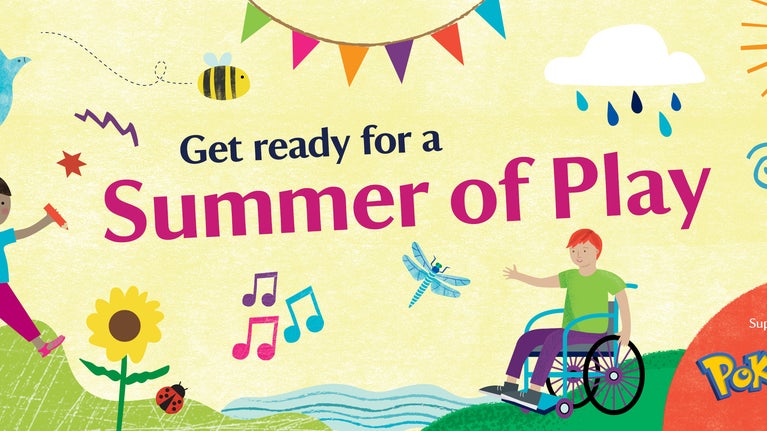 Illustrated banner promoting Summer of Play at Lanhydrock, featuring children playing outdoors, colourful bunting, sunshine, wildlife and nature icons, with the text 'Get ready for a Summer of Play' and the Pokémon logo.